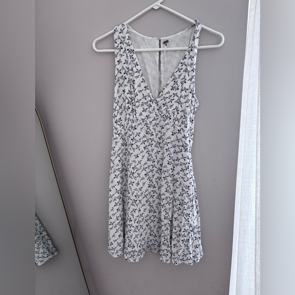 Free People | White and Blue Bird Pattern Mini Dress